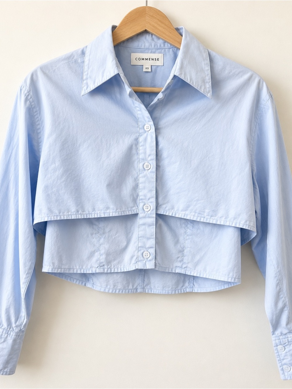 Commense Blue Cotton Cropped Button Down Shirt Layered Cape Top XS